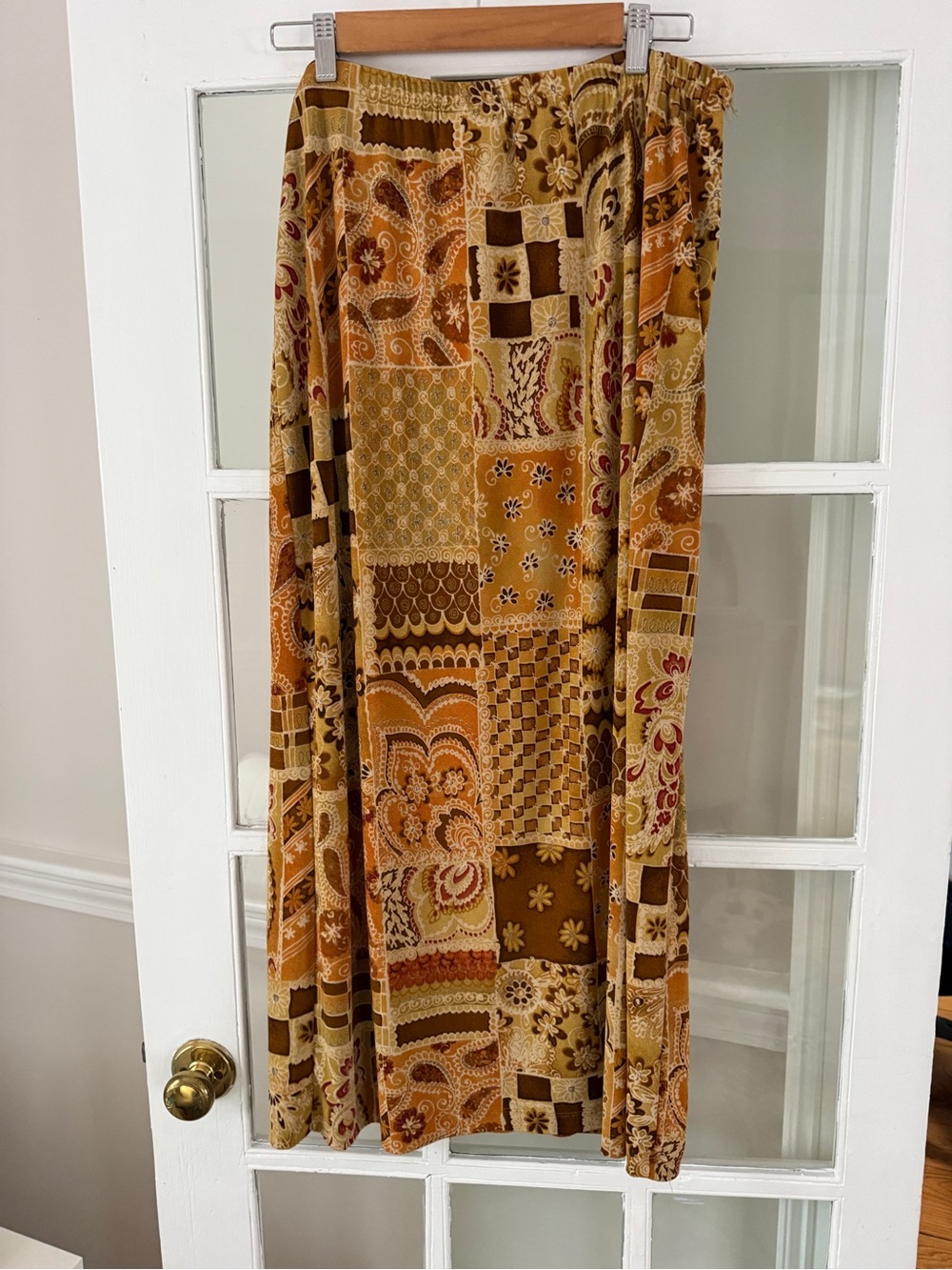 Coldwater Creek Slinky Golden/Brown Patchwork Midi Skirt